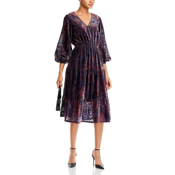 NWT $148 T TAHARI Womens Size XS‎ Paisley Burnout Velvet Tiered Midi Dress - Picture 1 of 11